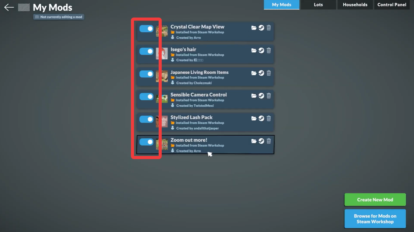Paralives My Mods menu displaying several installed mods with blue enable toggles highlighted on the left side.