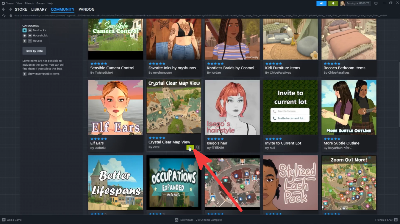Steam Workshop browsing page with a red arrow highlighting the quick subscribe plus button on a mod thumbnail.
