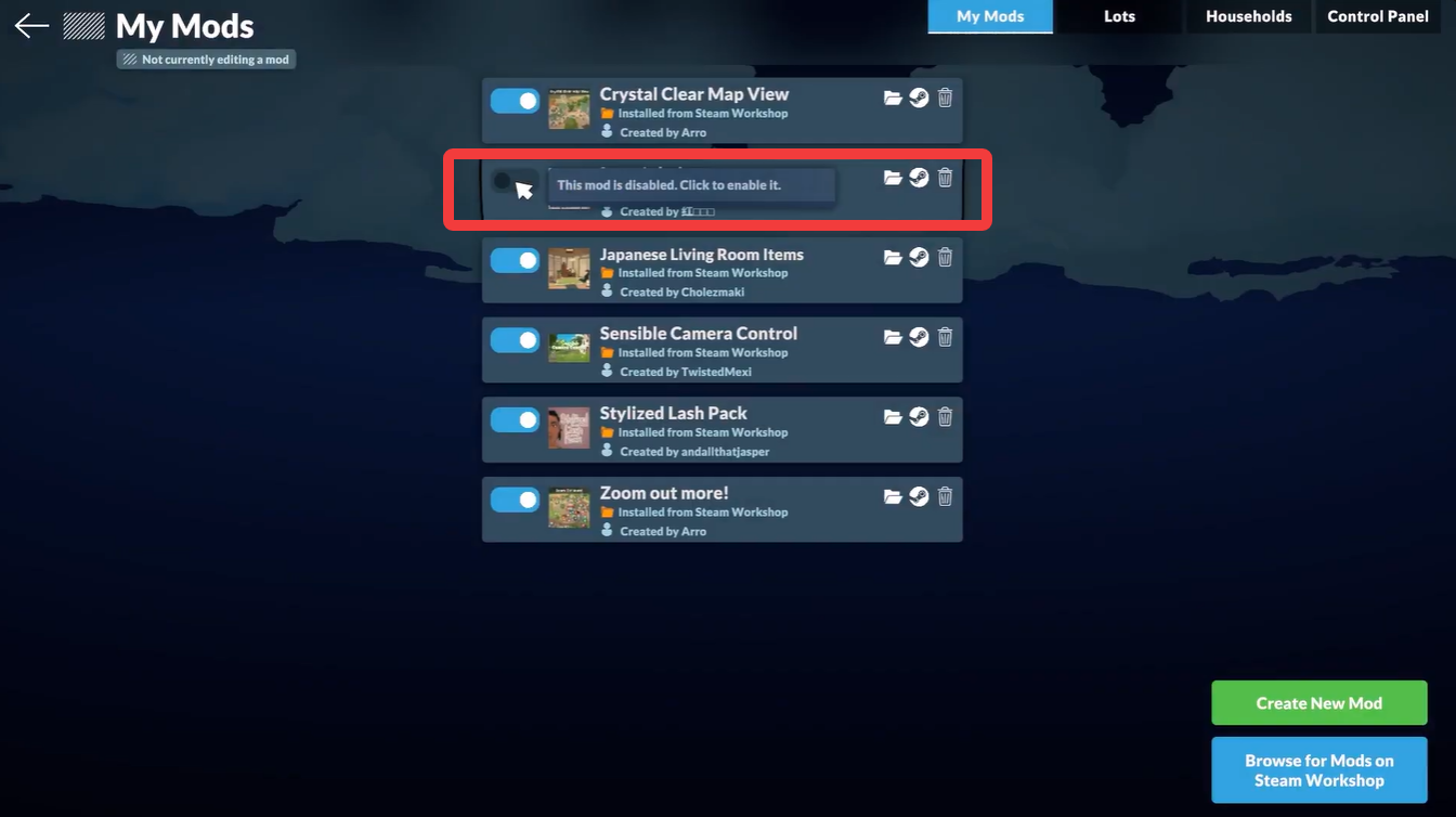 Paralives mods list showing a disabled mod with the tooltip “This mod is disabled. Click to enable it.”