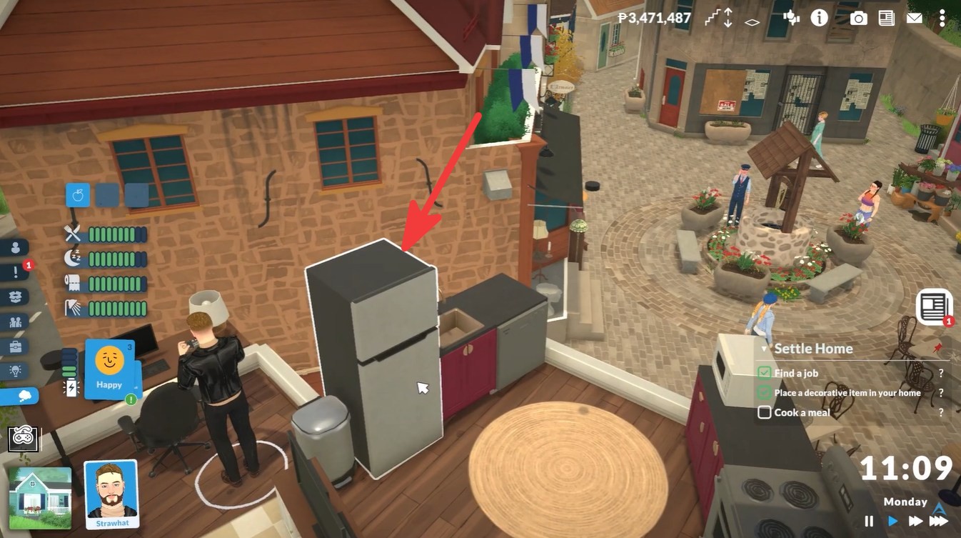 Clicking on the fridge in the kitchen in Paralives to cook food