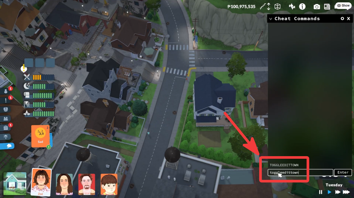 Cheat command window showing “toggleedittown” entered to unlock unrestricted building throughout Paralives town.