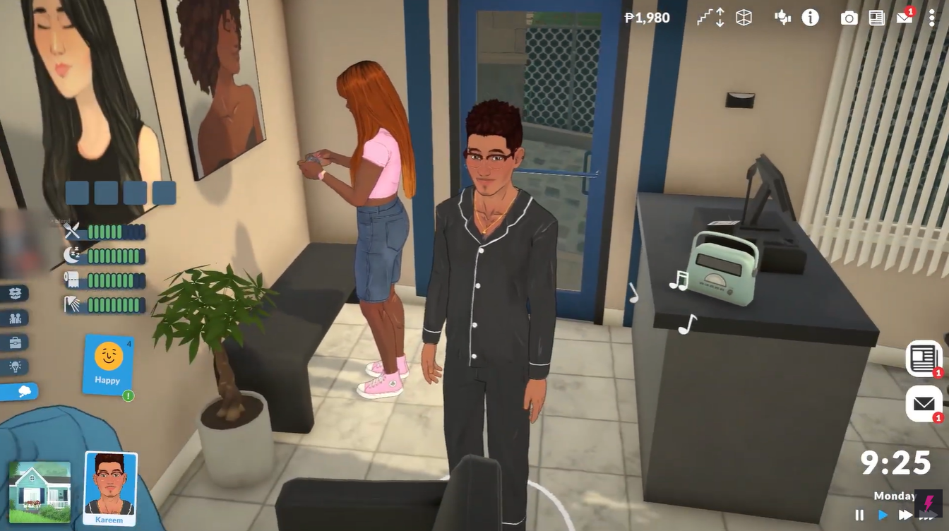 Character standing inside the Paralives barber shop after getting a new haircut while another NPC waits near the entrance