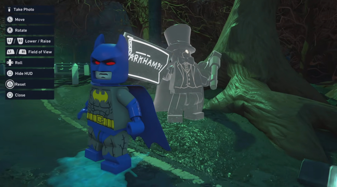 Gentleman Ghost appearing inside the Photo Mode camera frame after activating the hidden trigger in LEGO Batman Legacy of the Dark Knight