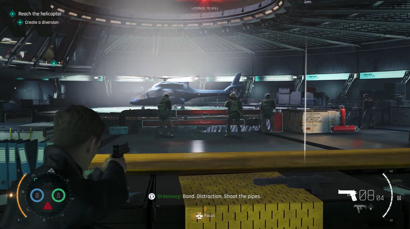 Bond crouched behind the flight control console overlooking the helicopter deck, preparing to execute the diversion and push toward the control room.