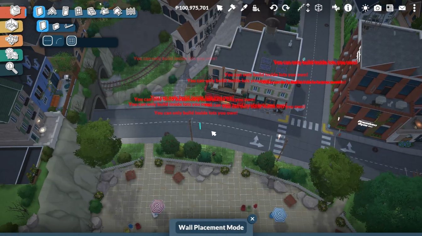 Error message appearing while trying to build outside owned lots in Paralives public town areas.