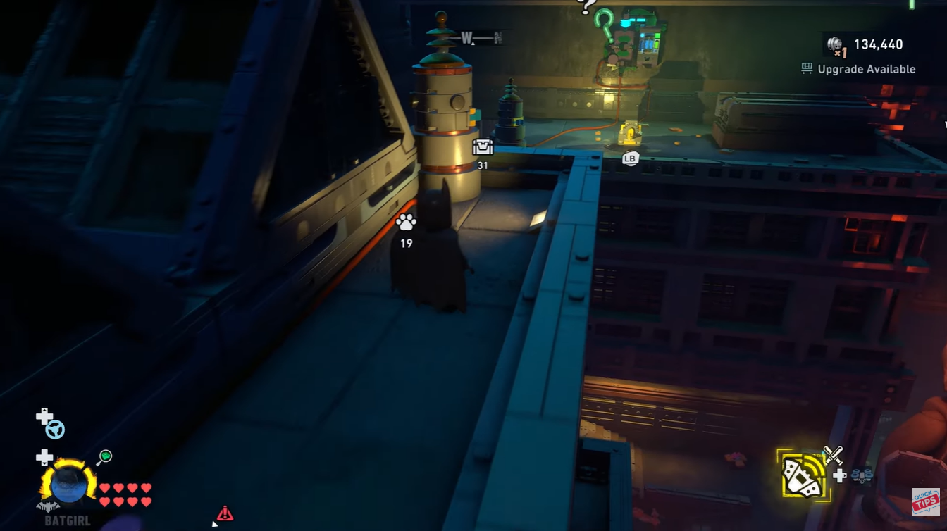 Batman standing near the Services Charge Riddler puzzle starting location in LEGO Batman Legacy of the Dark Knight