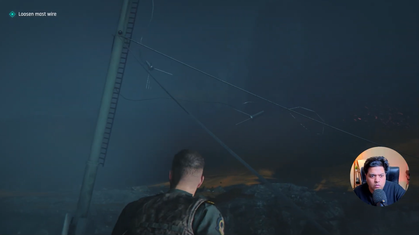 The communications mast collapsing after Bond sabotages the support cable and loosens the mast wire in 007 First Light.