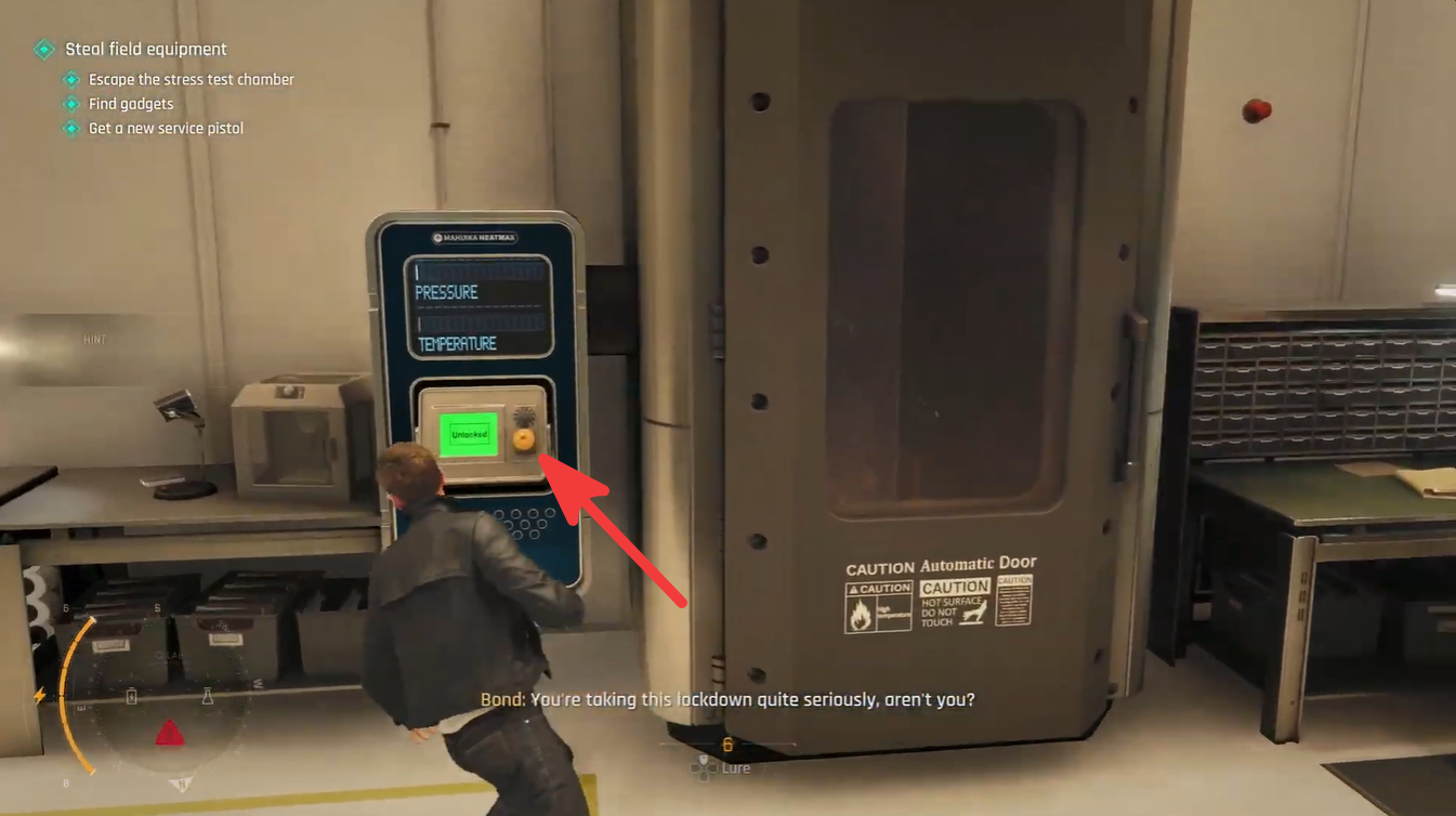 Lockdown control panel releasing steam as Bond interacts with the chamber's electrical mechanism to disengage the explosion chamber lockdown.