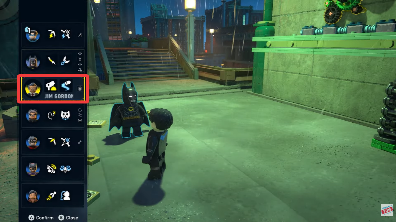 Gordon aiming the goop weapon at the first rotating mechanism in the Cog-nitive Dissonance Riddler puzzle in LEGO Batman Legacy of the Dark Knight