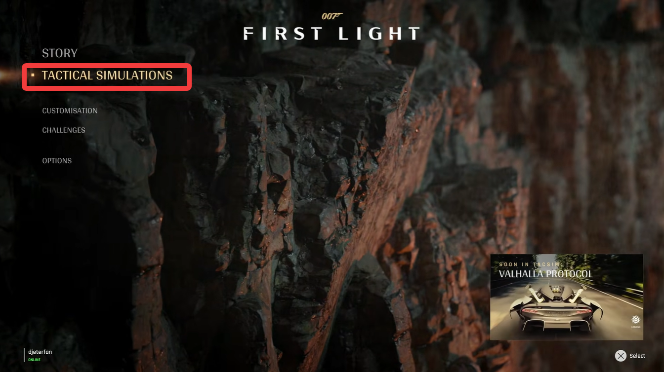 Main menu of 007 First Light highlighting the Tactical Simulations option, showing where players can access TacSim mode to begin Operations.