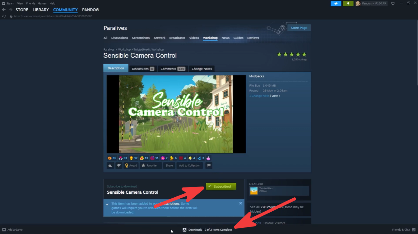 Steam Workshop mod page showing the mod successfully subscribed and downloading through Steam.