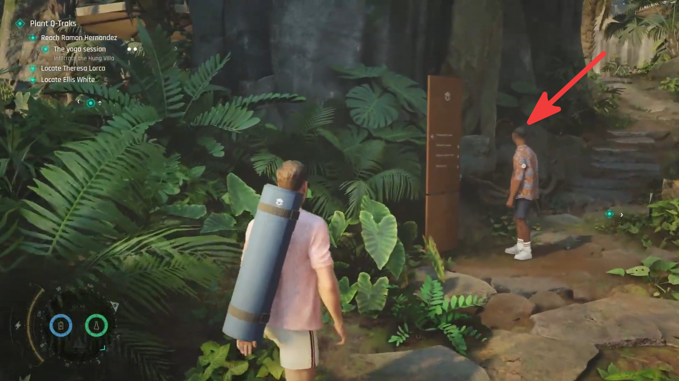 Bond approaching the hidden Khaby Lame easter egg location near the direction sign in the jungle garden area.