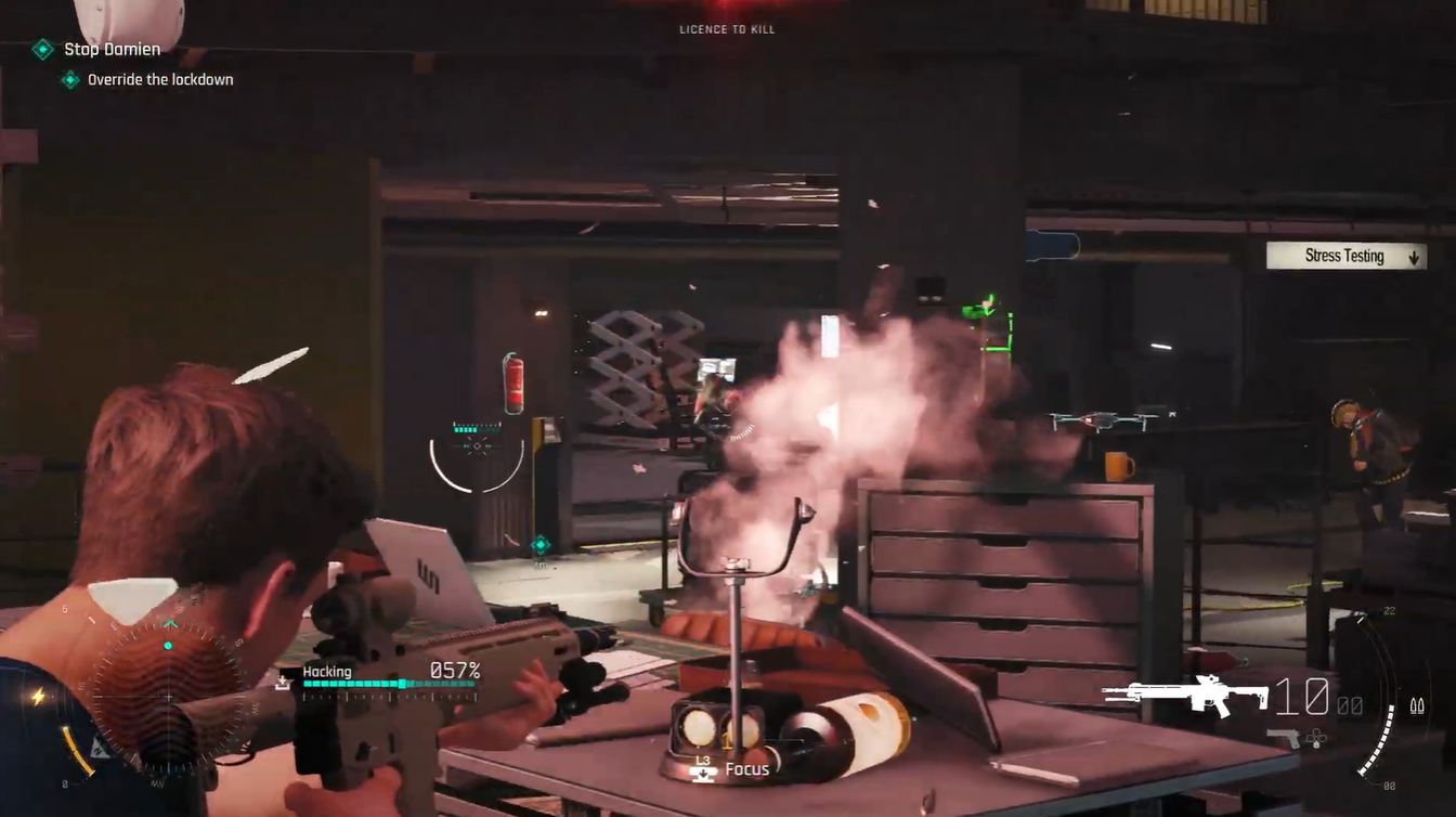 Enemy soldiers advancing into the room as the player defends the override terminal during the lockdown sequence.