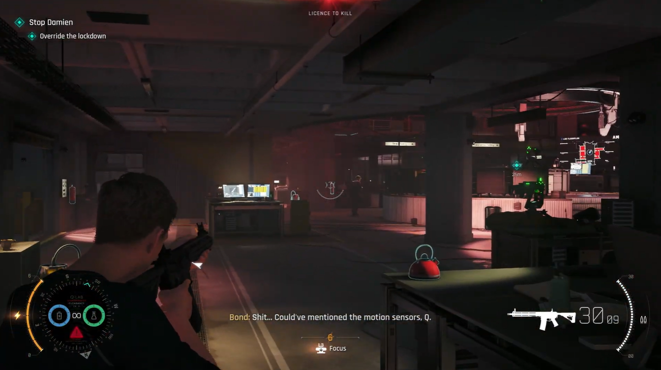 James Bond defending a lockdown override terminal while enemies attack inside a high-security facility in 007 First Light.