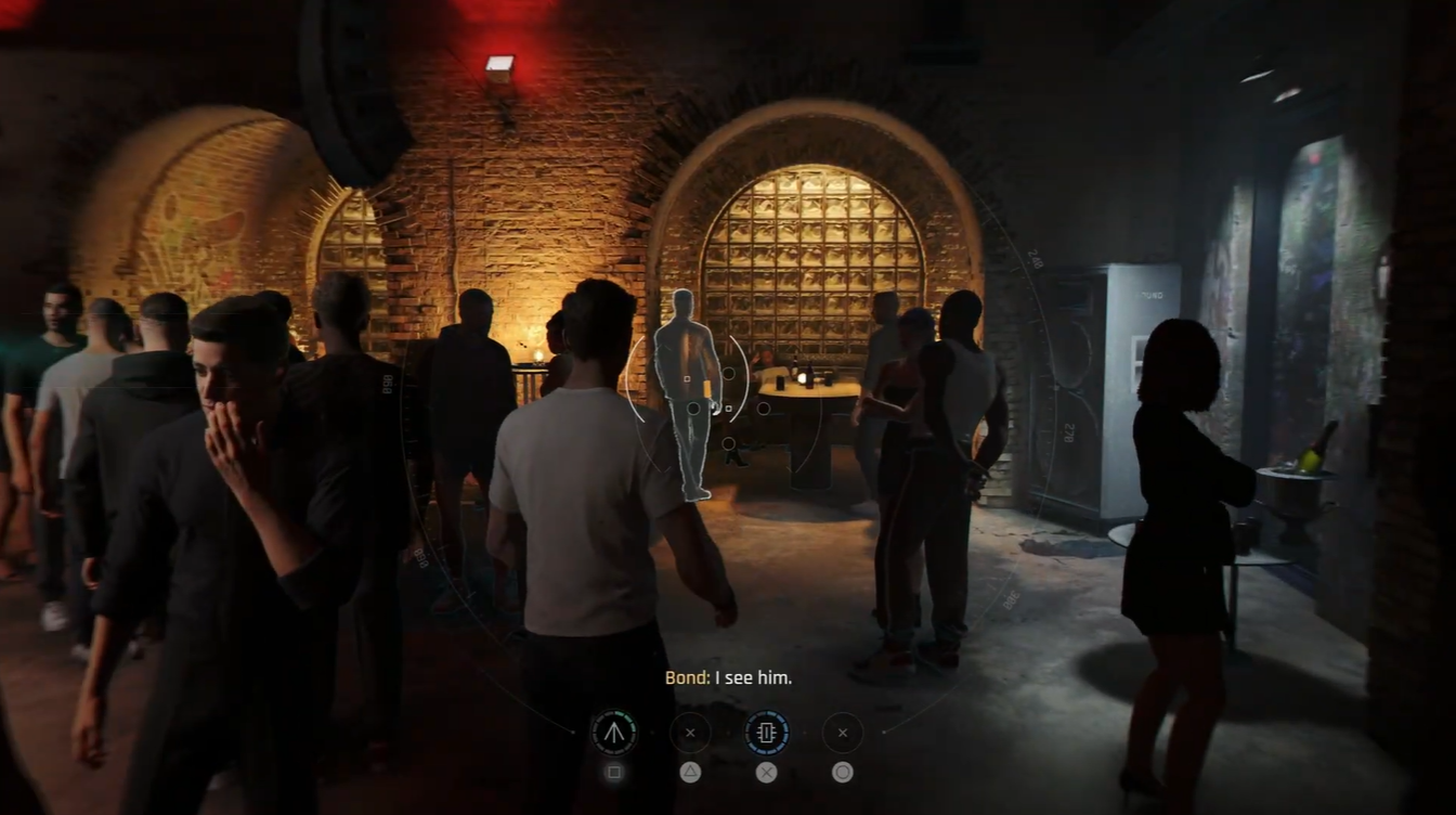 Q Lens scan highlighting Joshua Pike inside the nightclub lounge during A Night Out mission in 007 First Light