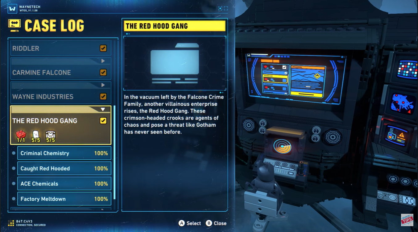 mission segment selection screen showing replayable story chapters in LEGO Batman Legacy of the Dark Knight