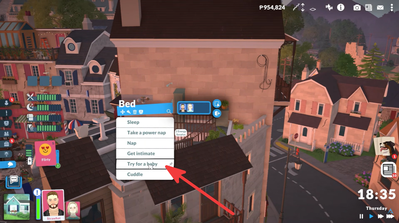 Paralives bed interaction menu showing the “Try for a baby” option after building a romantic relationship.