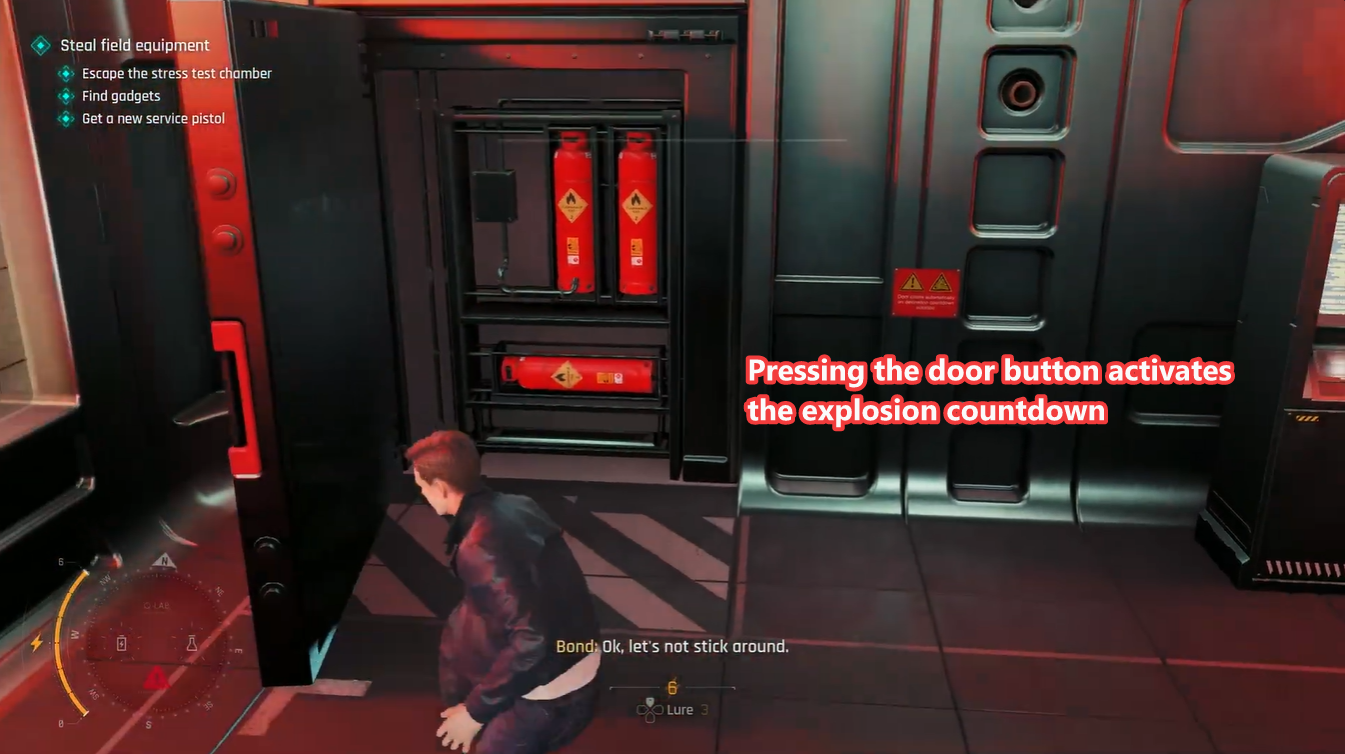 James Bond standing beside an open storage cabinet containing explosive canisters, with the chamber door button highlighted as the trigger for the explosion countdown during the Stress Test Chamber escape sequence.