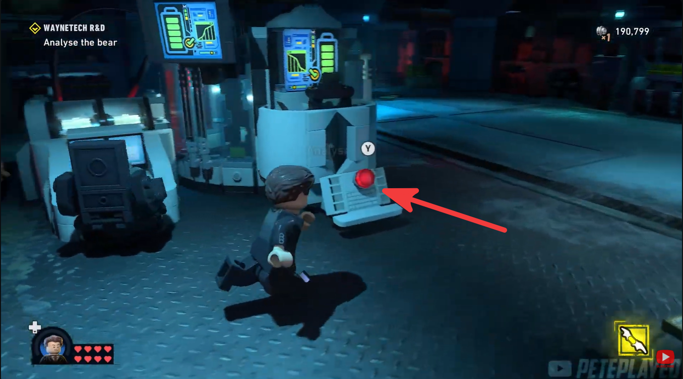 WayneTech analysis terminal displaying the bear examination mini-game interface in LEGO Batman: Legacy of the Dark Knight