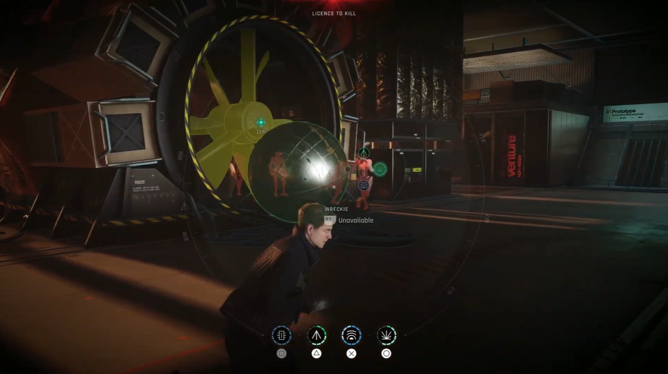 The metallic sphere is guided directly toward the giant ventilation fan while several hostile androids remain nearby, creating an opportunity to eliminate enemies before destroying the fan.
