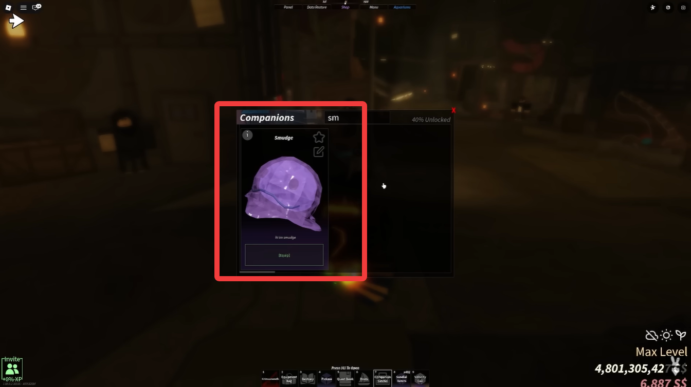 Equipping smudge from the companion menu in Fisch Roblox