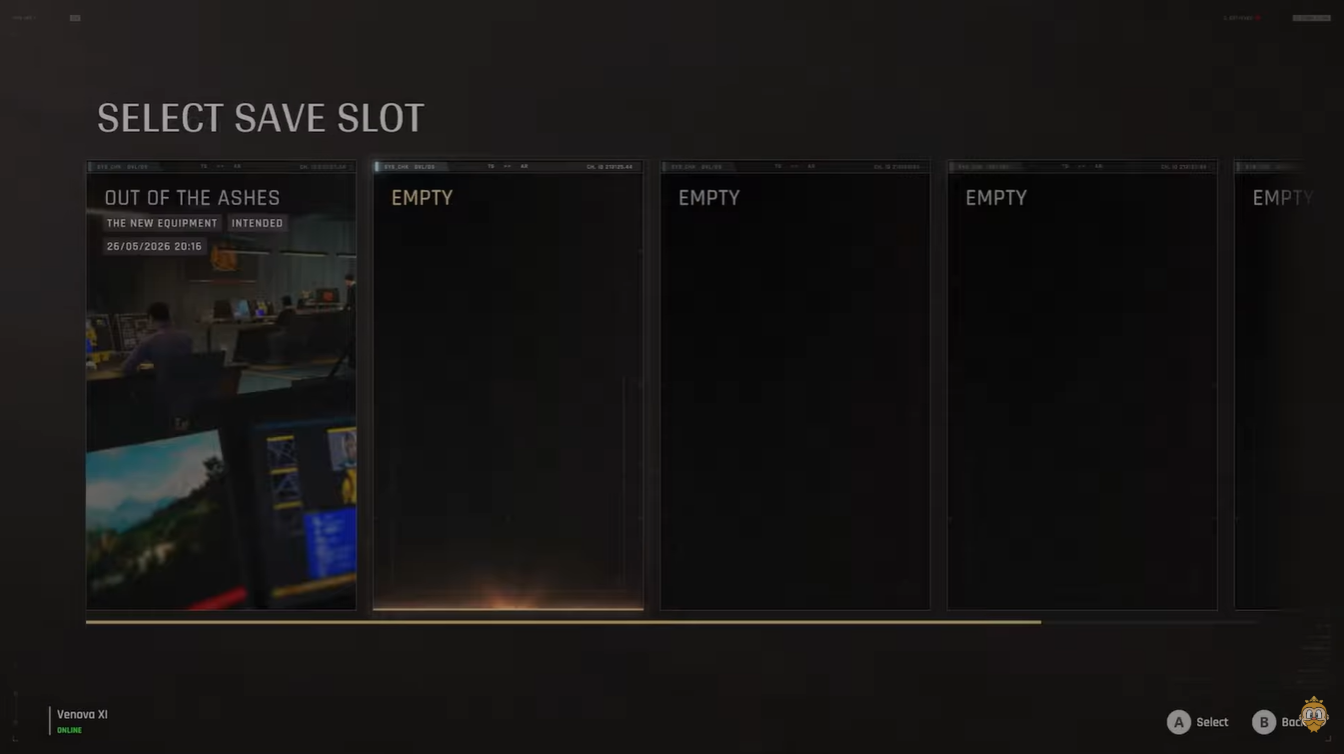 Save slot selection screen in 007: First Light showing available save files required before replaying a mission chapter.