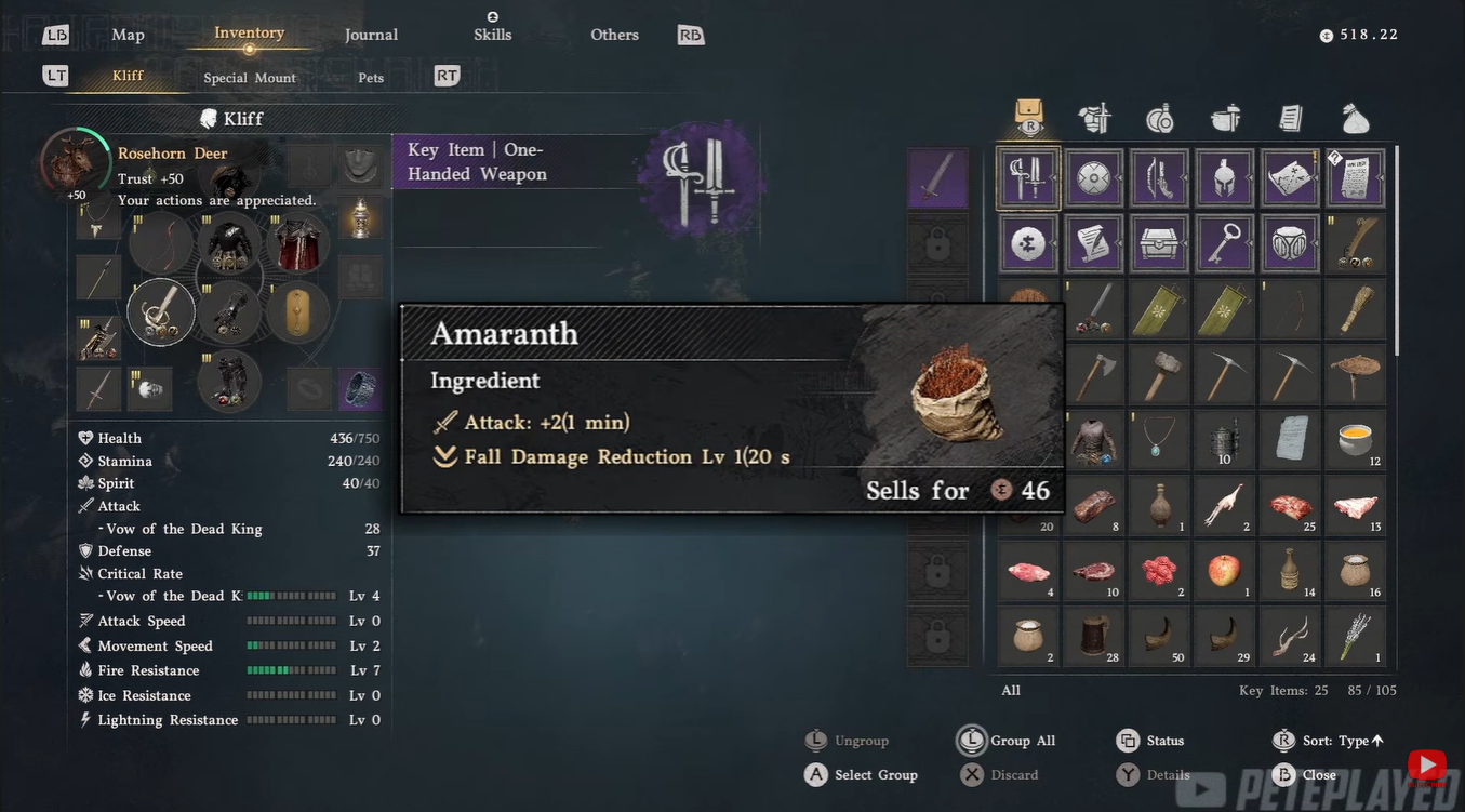 In-game inventory screen displaying the green Amaranth herb item properties used for mount taming.