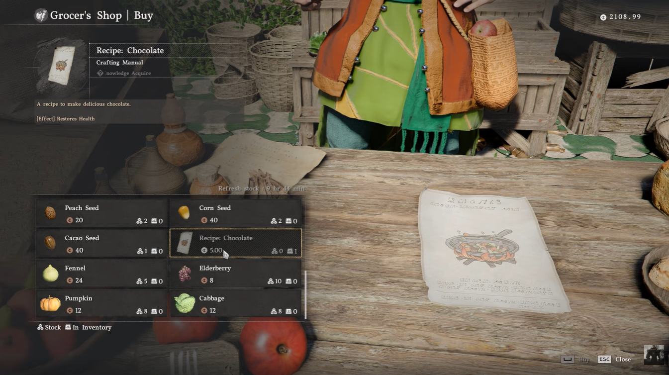 Unlocking the Chocolate recipe from inventory menu in Crimson Desert