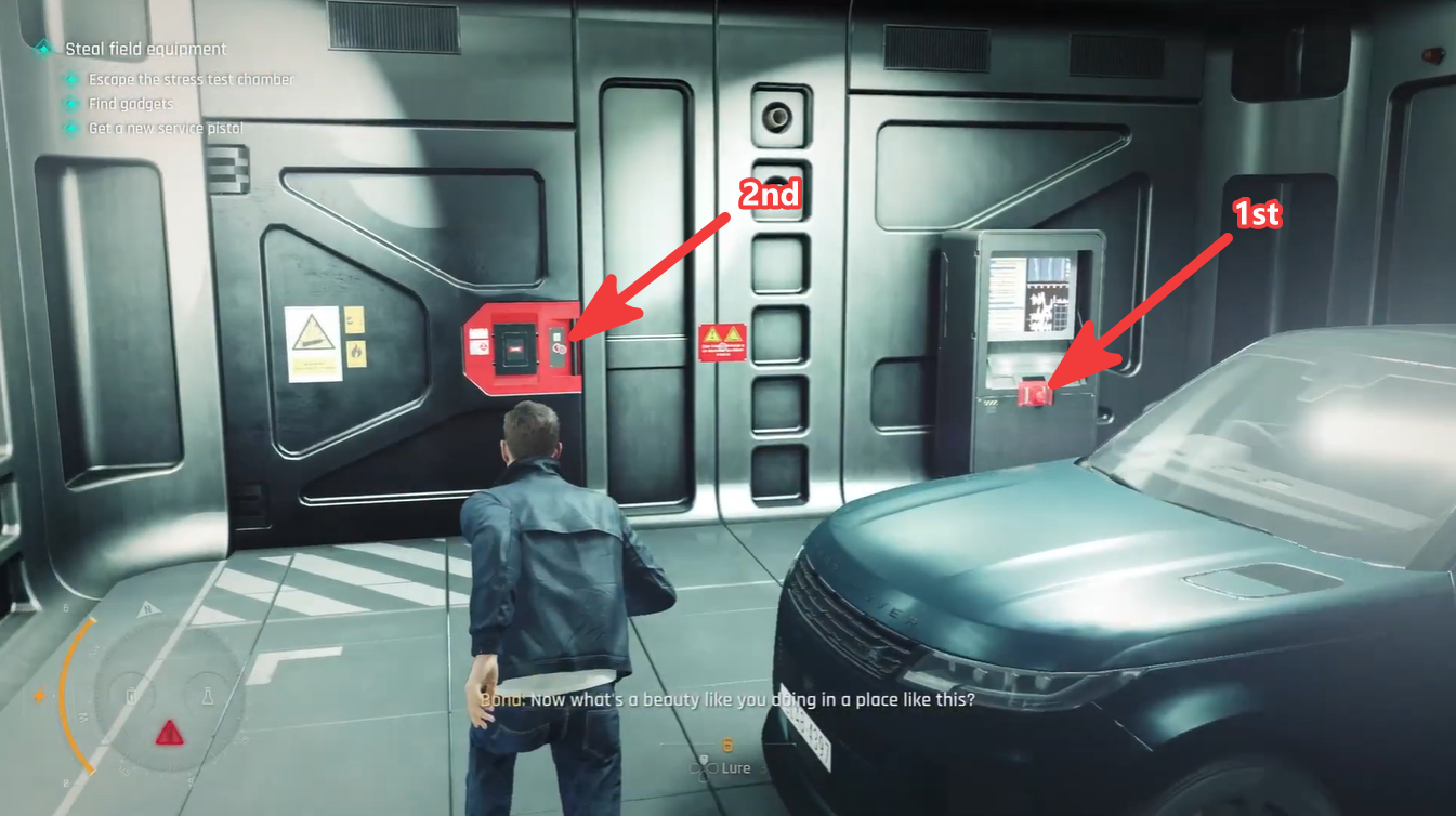 Bond standing behind a vehicle in the testing area, facing two red control switches on the wall, showing the order required to activate the explosion test and chamber door sequence.