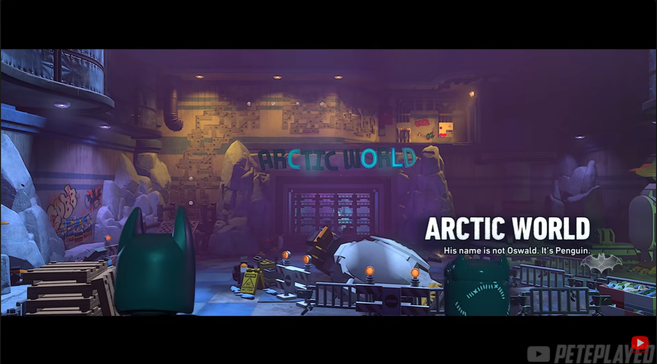 Batman completing the Arctic World mission with Catwoman to unlock all escaped zoo animal locations