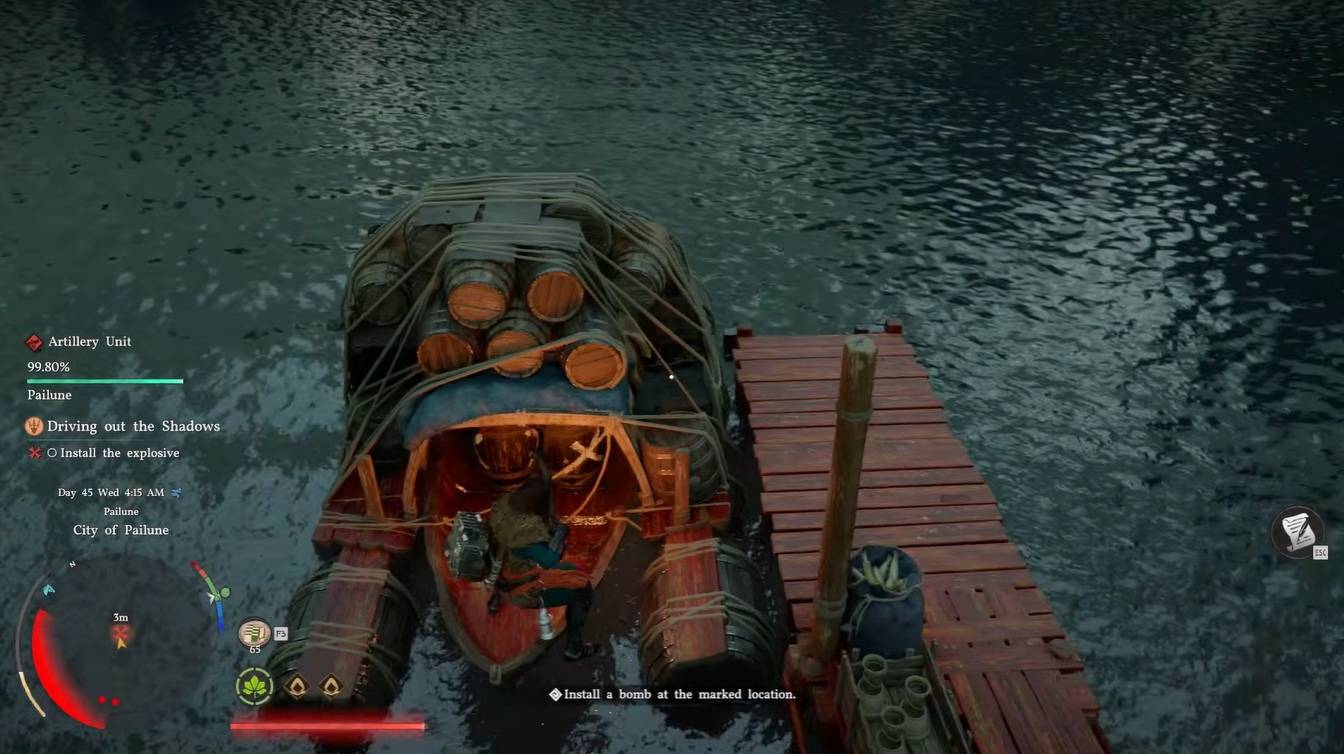 Planting the explosive in the boat of Pailune Harbor in Driving out the Shadows quest in Crimson Desert
