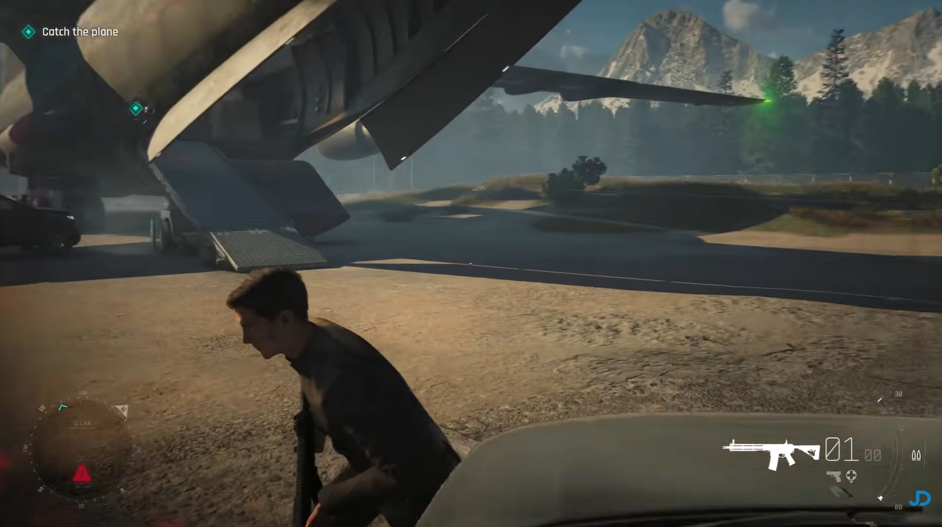 Bond advancing across the airport runway while under heavy gunfire in 007 First Light