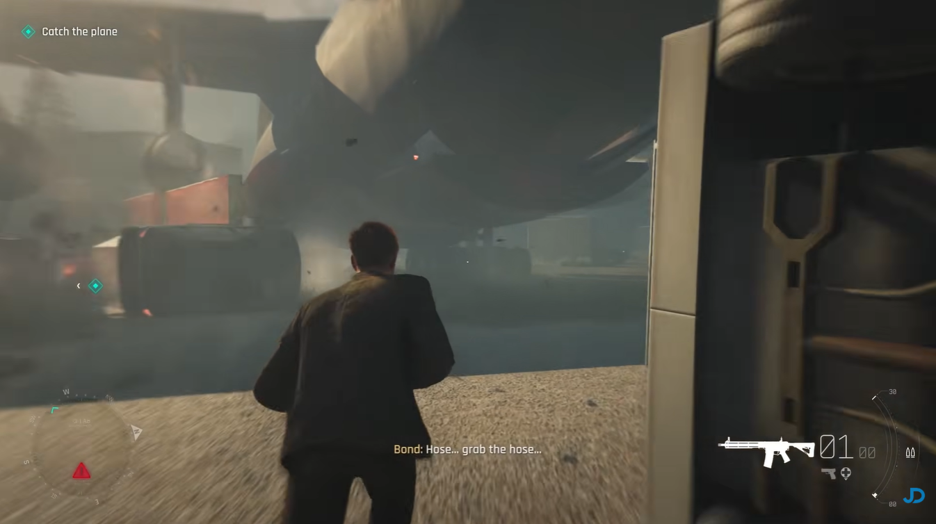 James Bond chasing the cargo plane across the runway in 007 First Light