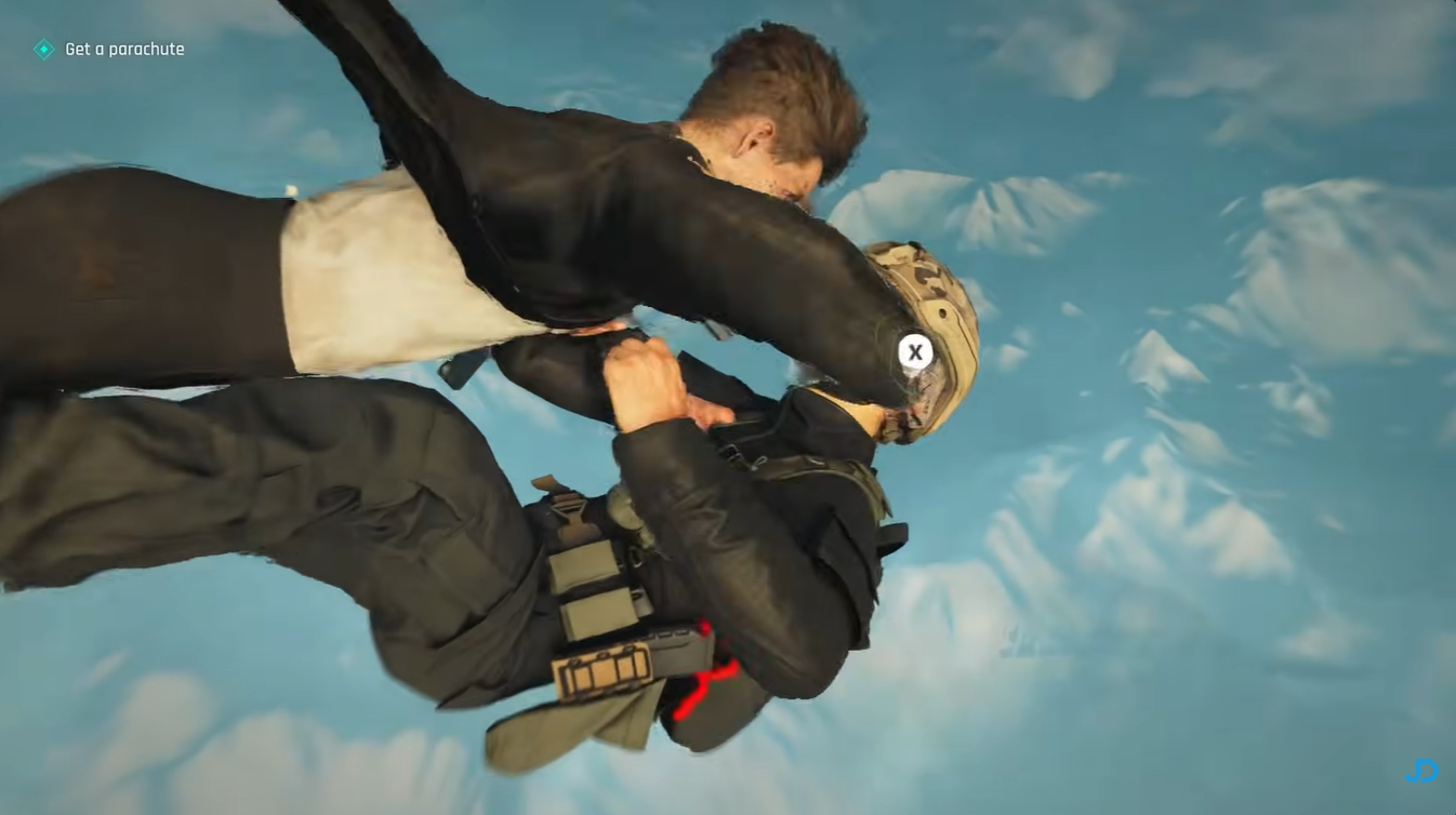 Bond grabbing a parachute during the final escape from the aircraft in 007 First Light