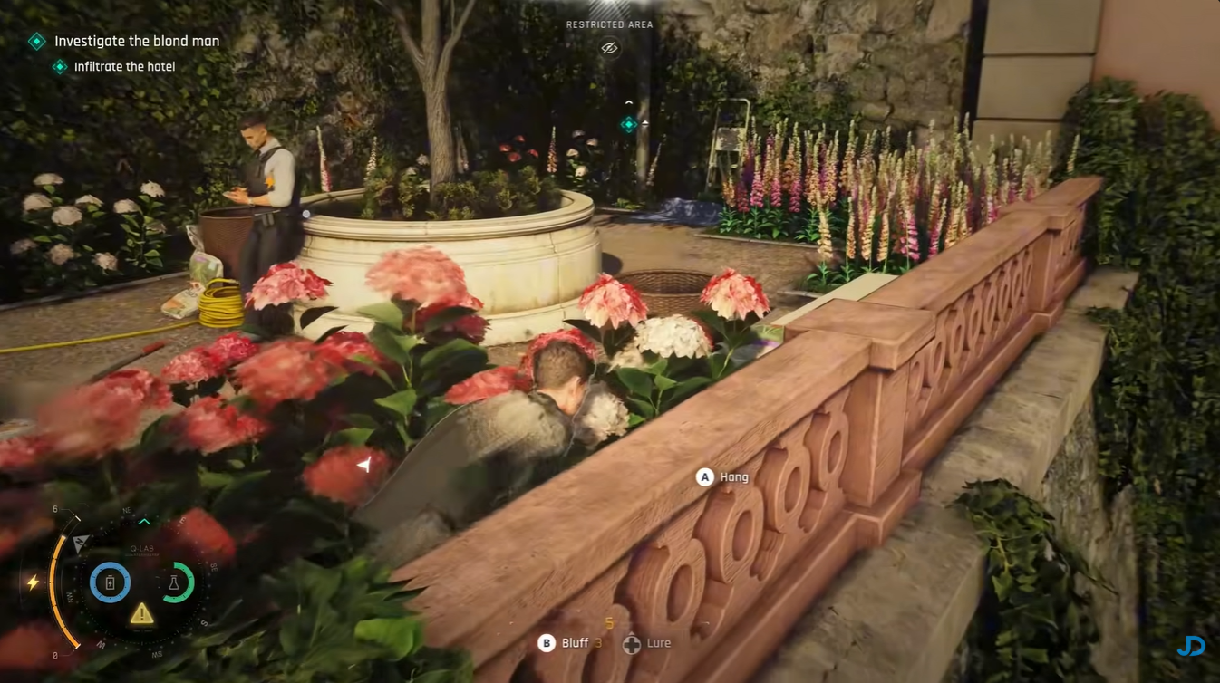 James Bond hiding inside flower beds to avoid guards in 007 First Light chapter 8