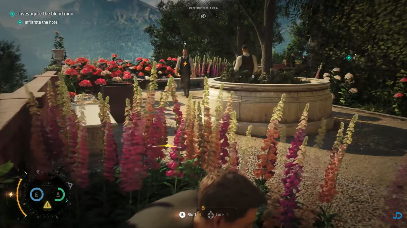 Bond crouching near a bench while avoiding patrol guards in 007 First Light