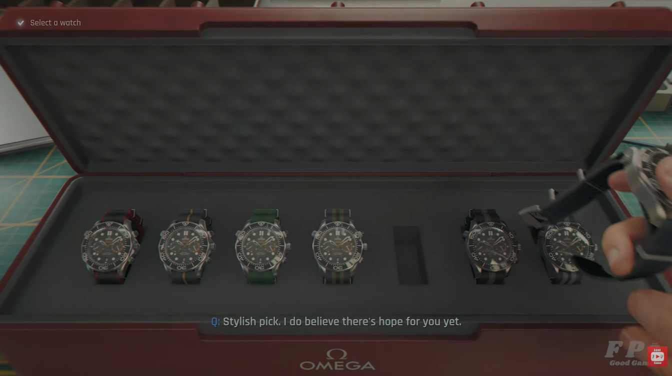 Omega Q-Watch selection case showing multiple gadget watch variants in 007 First Light
