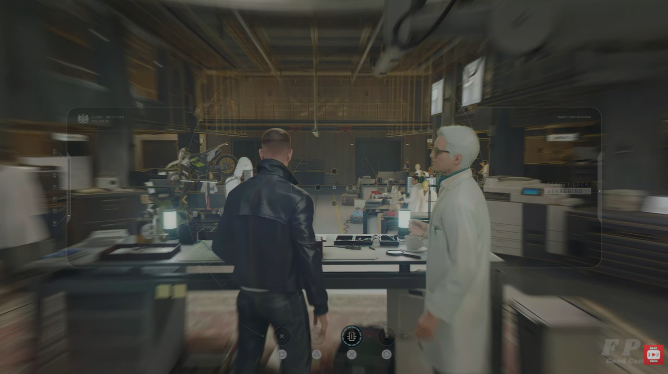 James Bond testing the Q-Lens scanning system inside the Q-Branch technology lab in 007 First Light