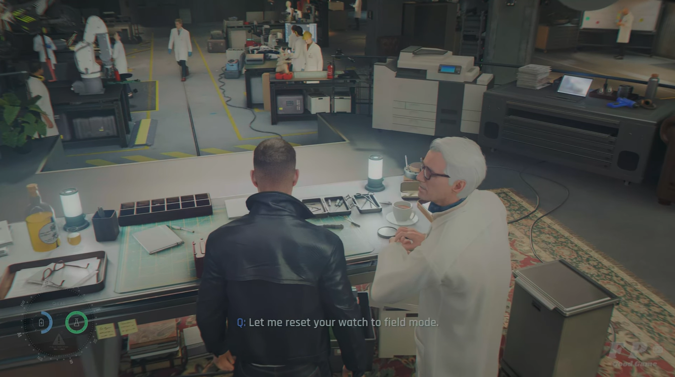 James Bond receiving the Q-Watch upgrade from Q inside the Q-Branch laboratory in 007 First Light