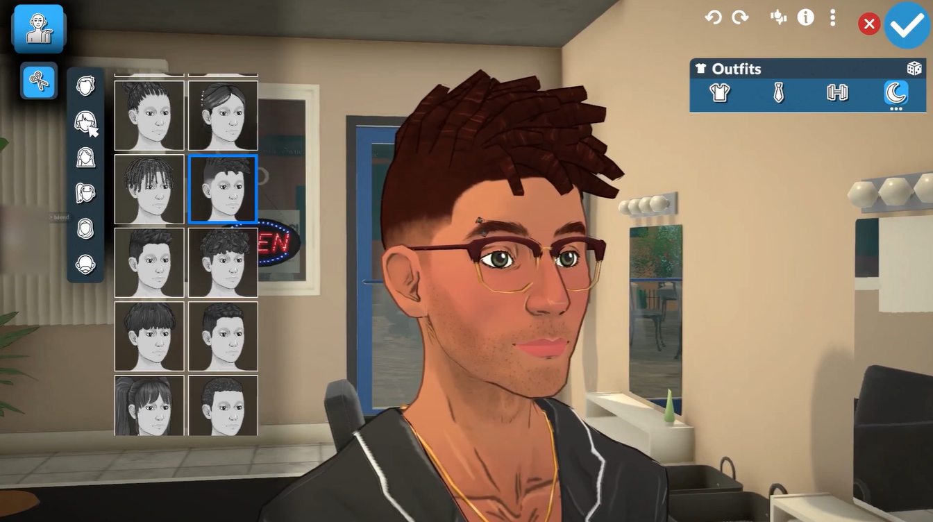 Selecting a new hairstyle from the haircut customization menu inside the Paralives hairdresser shop
