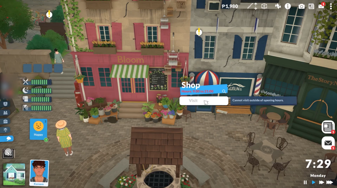 Paralives barber shop exterior showing opening hours and the visit interaction before the store opens at 9:00 a.m.