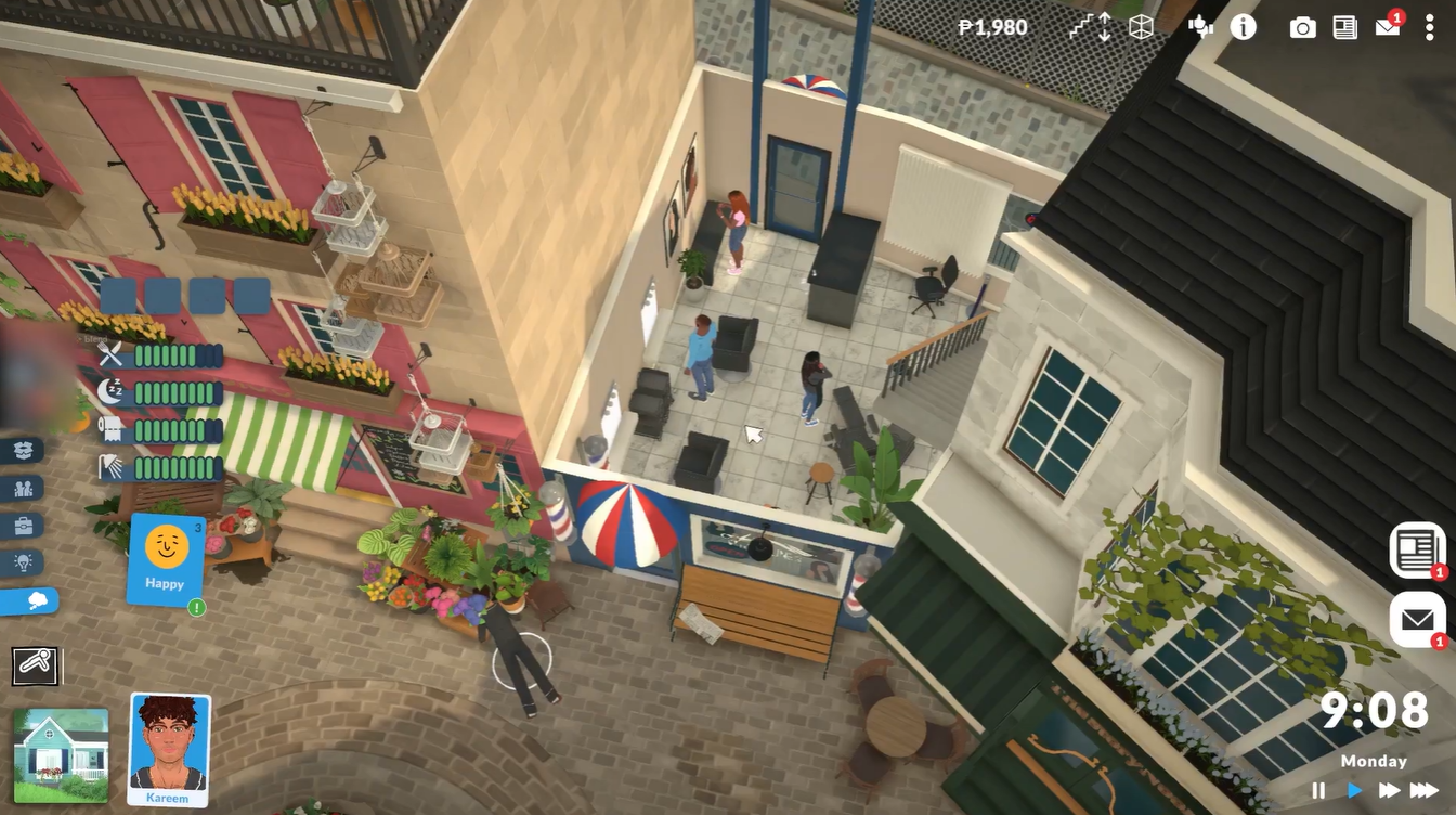 Character standing inside the Paralives barber shop