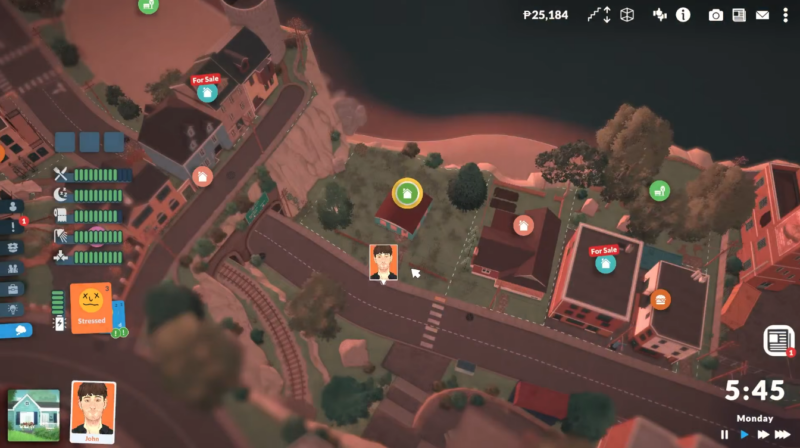 Neighborhood overview in Paralives with the player household lot selected near the coastline and nearby houses marked for sale.