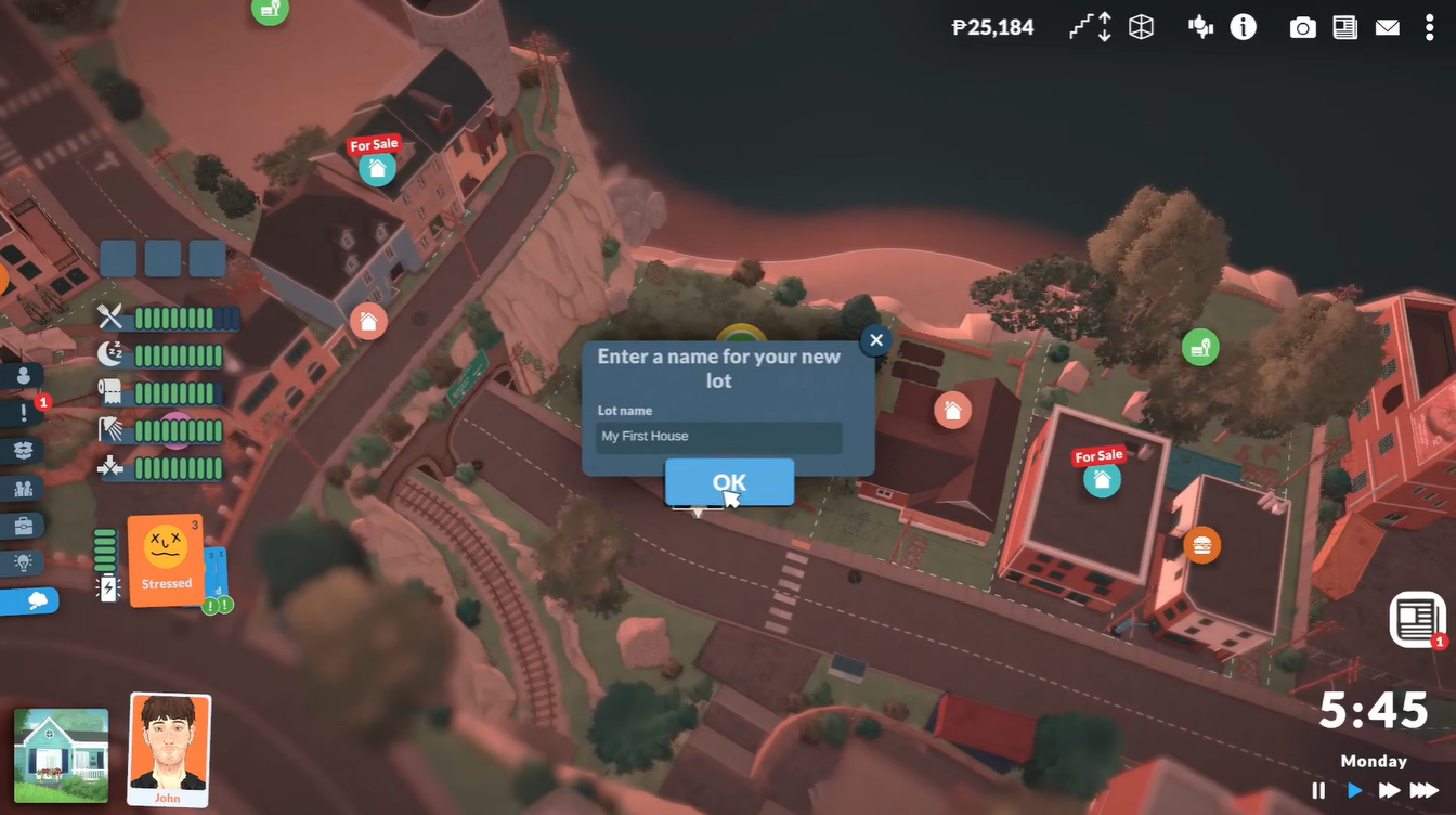 Paralives popup window prompting the player to enter a custom lot name before saving the house design to the library.