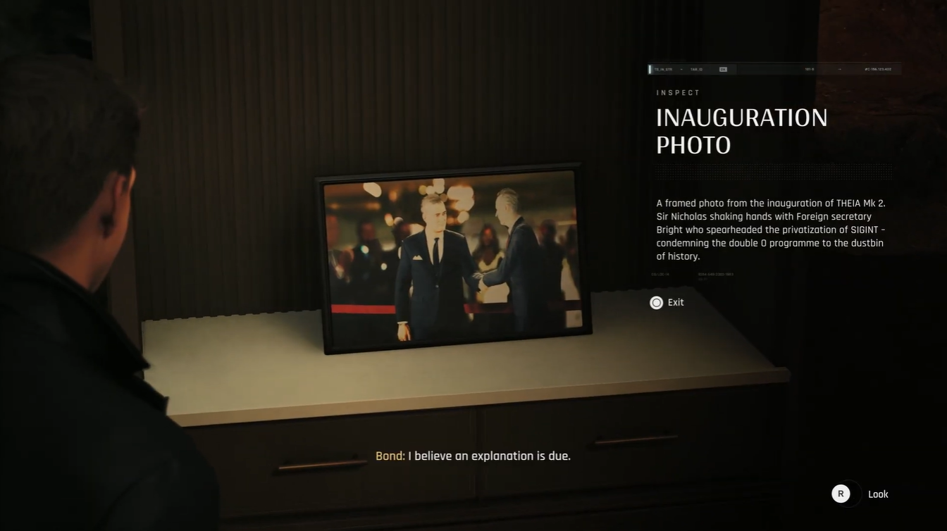 Bond inspecting the Inauguration Photo collectible inside the penthouse office during the Reach Perch mission in 007 First Light.