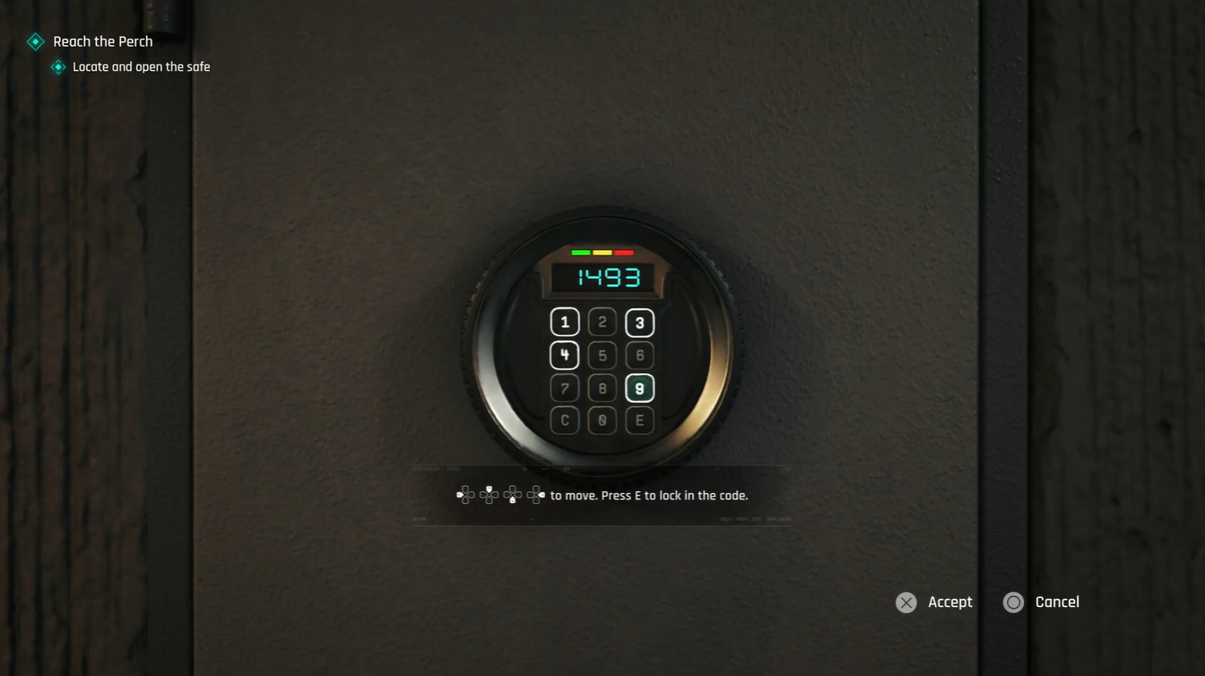 Close-up of the penthouse safe keypad with the correct 1493 combination entered in 007 First Light.