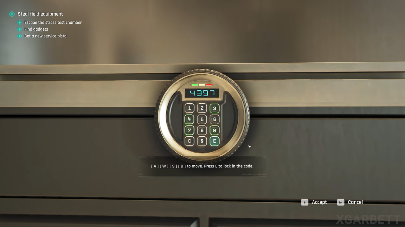 Close-up of the Q-03 Stress Testing Cabinet keypad showing the correct code 4397 entered in 007 First Light.