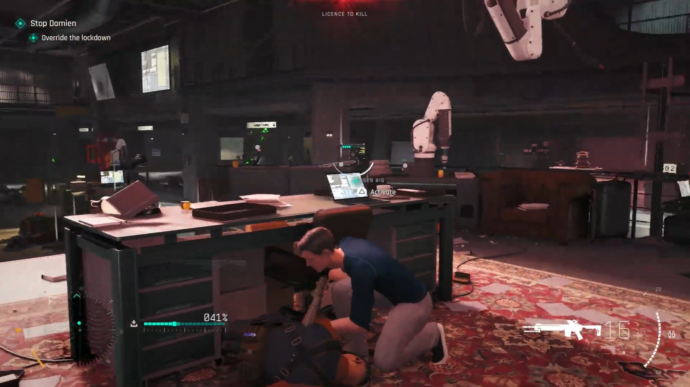 Bond moving between cover positions while engaging multiple enemies during the lockdown defense encounter.