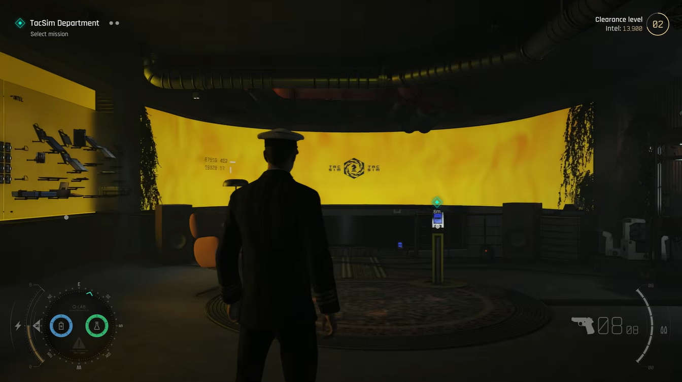 The TacSim Department hub area in 007 First Light, featuring the central mission terminal used to access available Tactical Simulation Operations.
