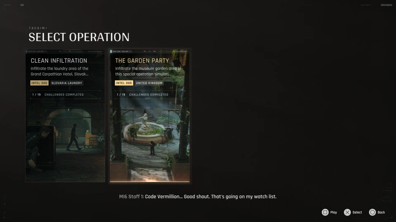 Operation selection screen in Tactical Simulation mode showing available missions, including Clean Infiltration and The Garden Party, ready to be launched.